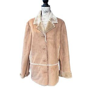 Jones‎ New York BOHO Jacket XL Beige White Faux Suede Faux Fur Button Up FALL